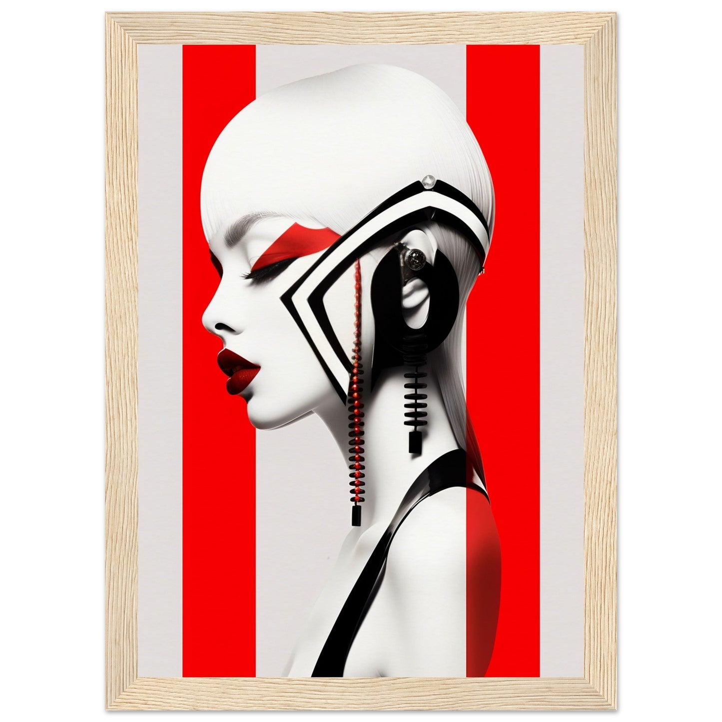 Stylized profile portrait of a woman with dramatic black and white makeup and a futuristic headdress against a red and white background.