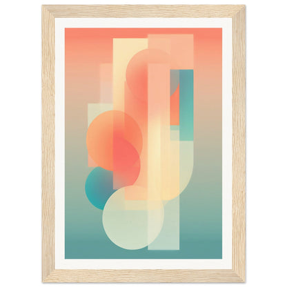 Abstract geometric artwork featuring overlapping translucent shapes in soft pastel colors.