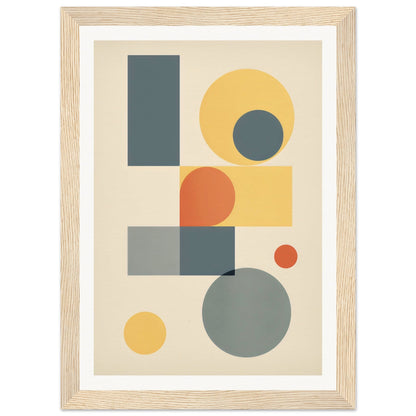 Abstract geometric artwork featuring circles, rectangles, and squares in muted colors.