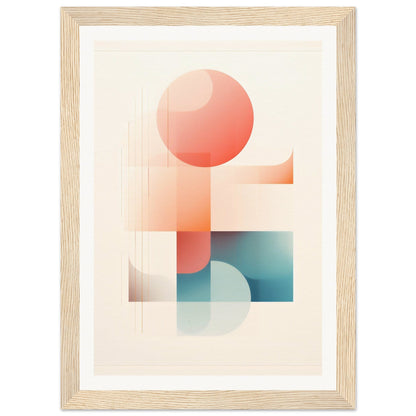 Abstract geometric artwork featuring soft-colored circles and shapes in coral and teal tones.