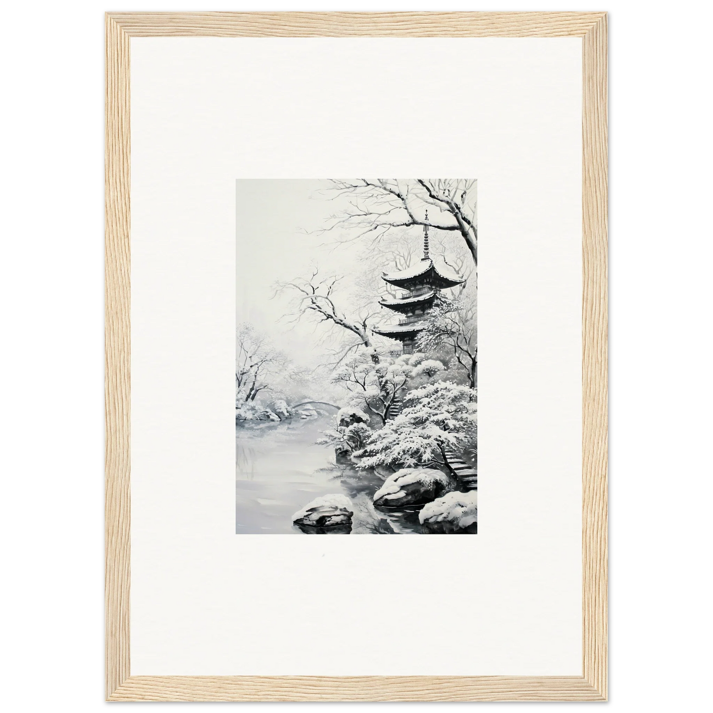 Framed wall art of snow-covered Japanese pagoda in Twilight Rebirth Narrative style