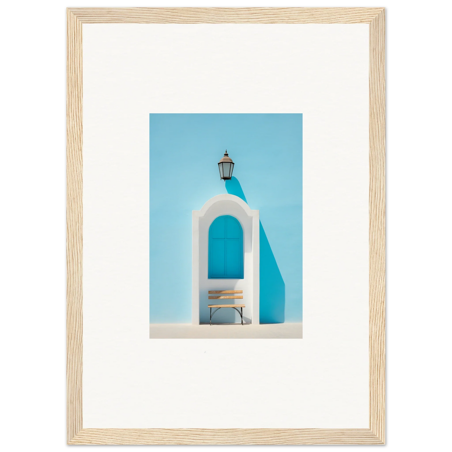 White arched doorway with lantern above in Ethereal Mediterranean Pause framed wall art