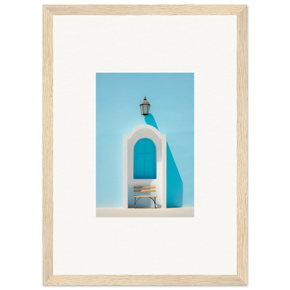 White arched doorway with lantern above in Ethereal Mediterranean Pause framed wall art