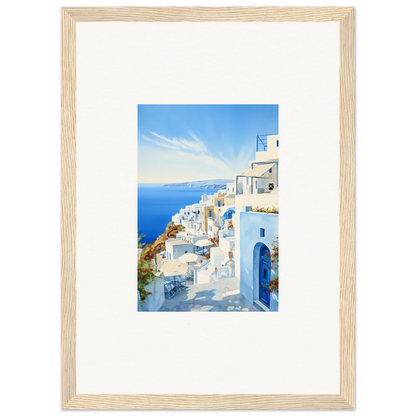 Framed photo of Santorini’s white buildings and blue domes for Mediterranean Serenity Remastered