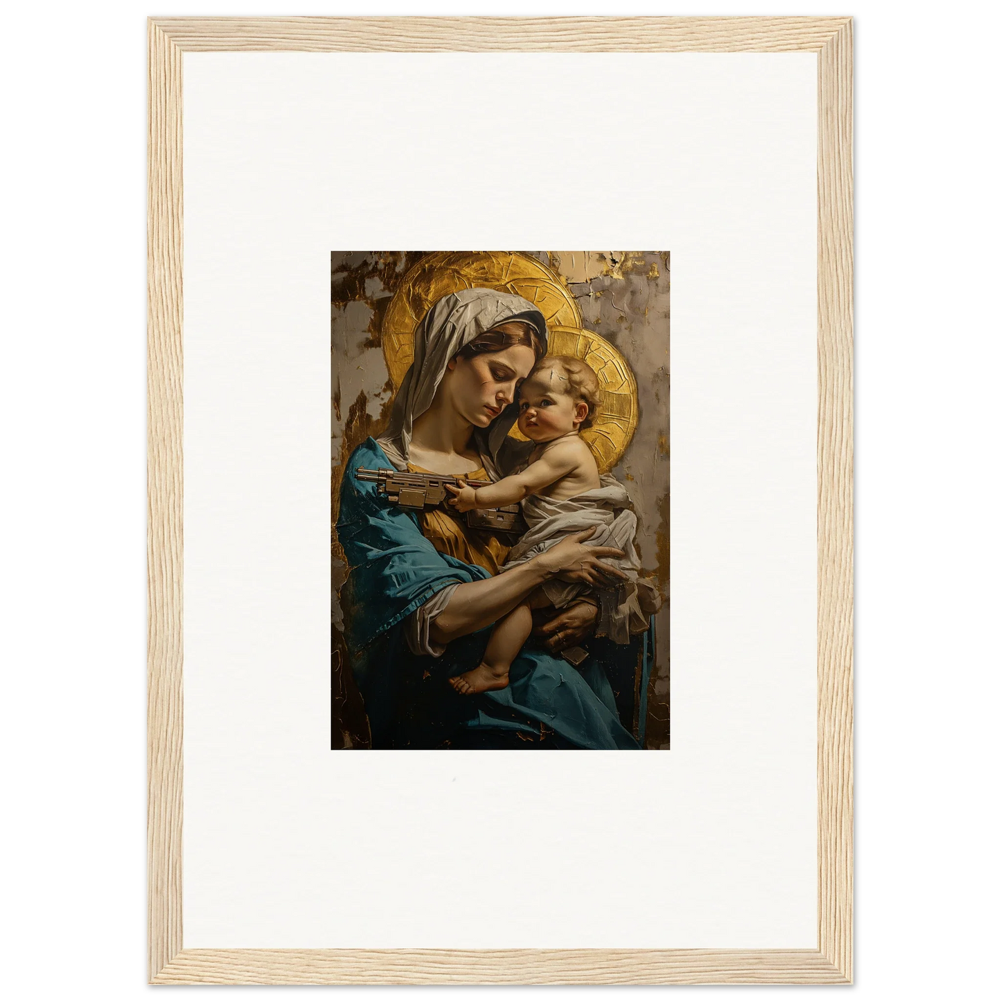 Framed canvas print of Sacred Embrace featuring a woman and baby for elegant room decoration