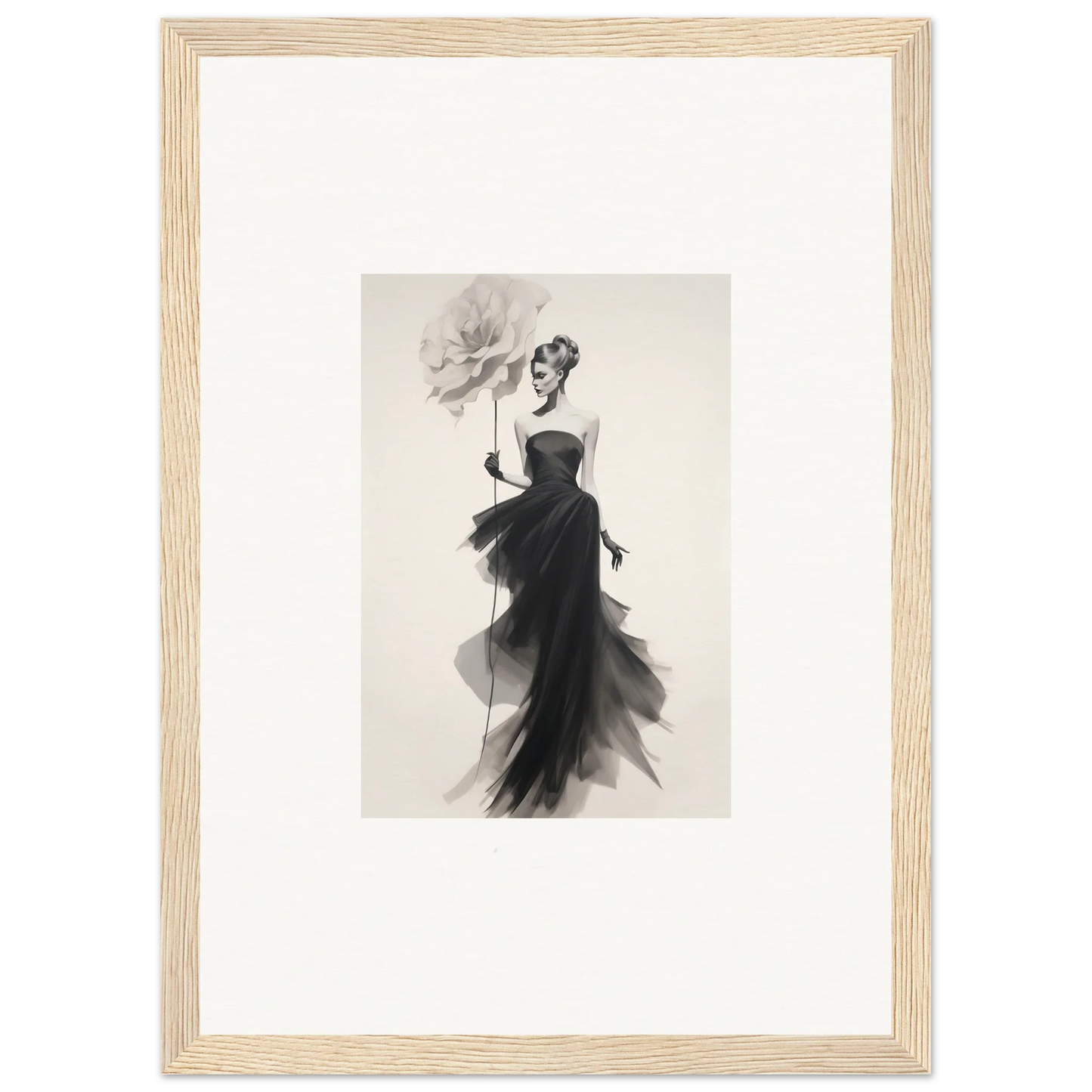 Elegant black and white fashion illustration of an evening gown from Opulent Reverie Lyrisans