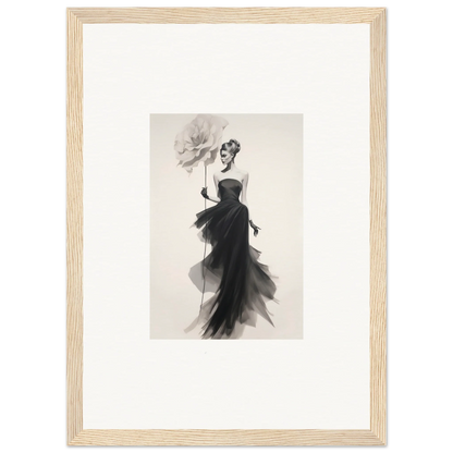 Elegant black and white fashion illustration of an evening gown from Opulent Reverie Lyrisans