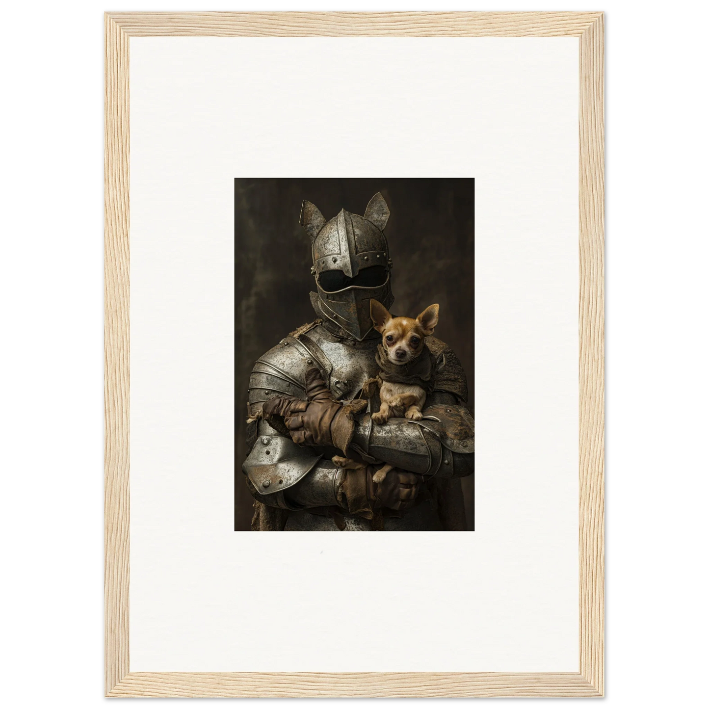 Medieval knight in armor with small dog in Serene Steel Whispers framed wall art