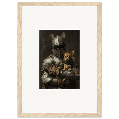 Medieval knight in armor with small dog in Serene Steel Whispers framed wall art