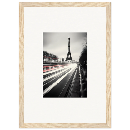 Black and white Eiffel Tower photo with light trails in Eternal Windsweep Halo frame