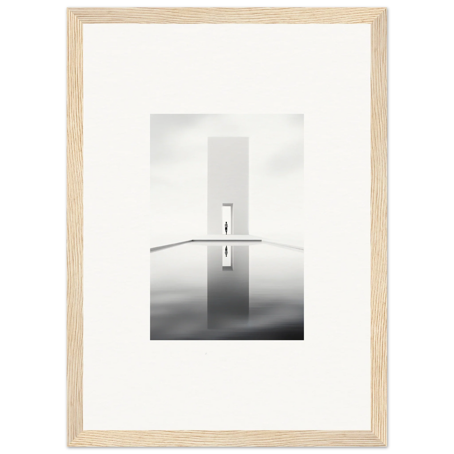 Minimalist black and white tower reflection in water for Dreamer’s Vanishing Silhouette