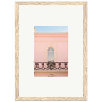 Framed wall art of a pink building balcony showcases the Peach Tranquil Portal vibe