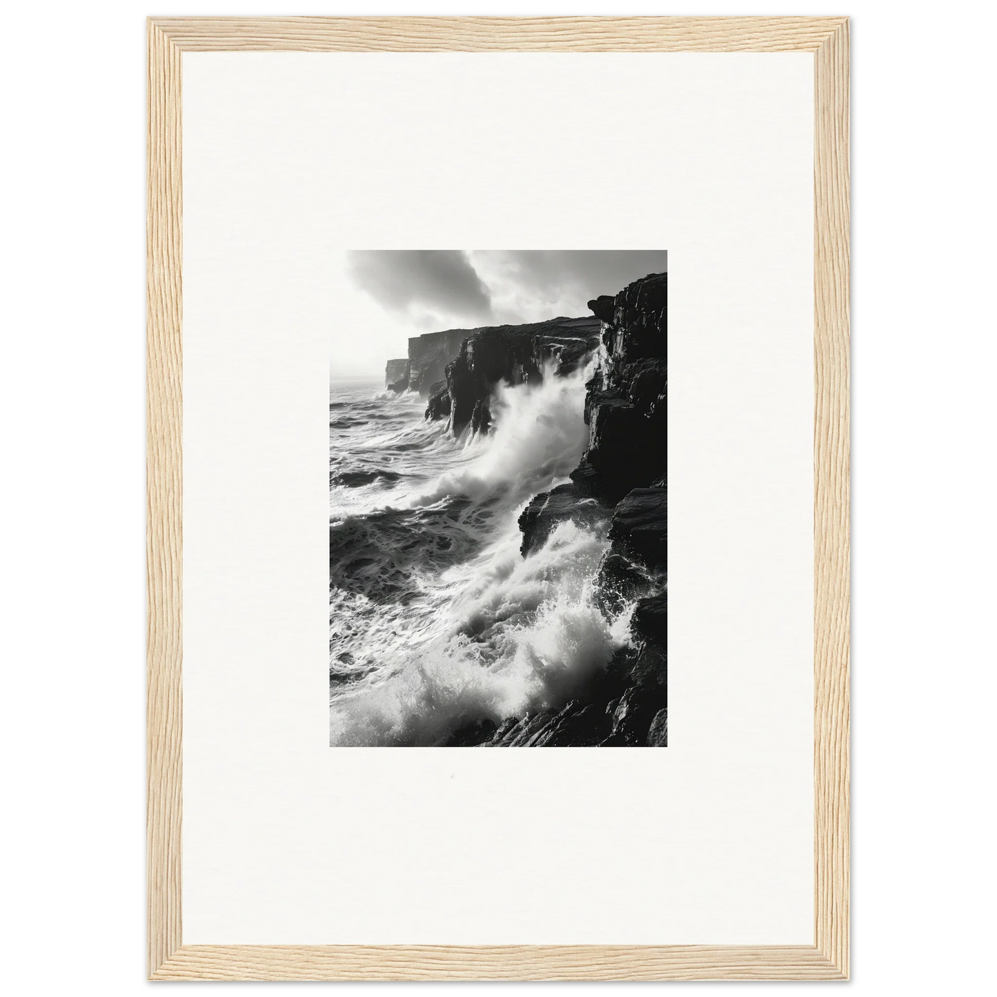 Dramatic black and white waves crashing on cliffs in Rock Impressions premium framed wall art