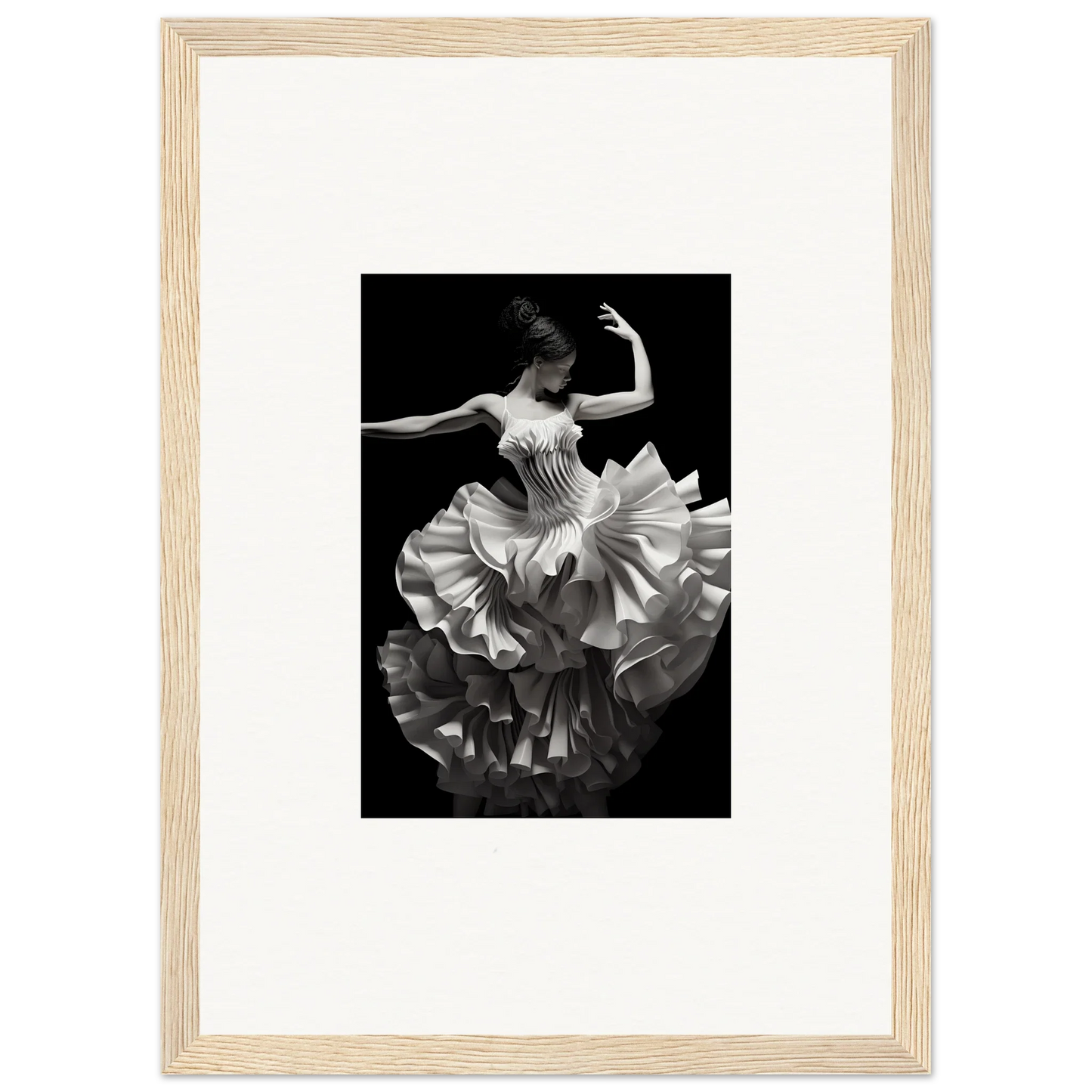 Dancer in ruffled dress twirls gracefully with Tangled Luminous Laces framed poster