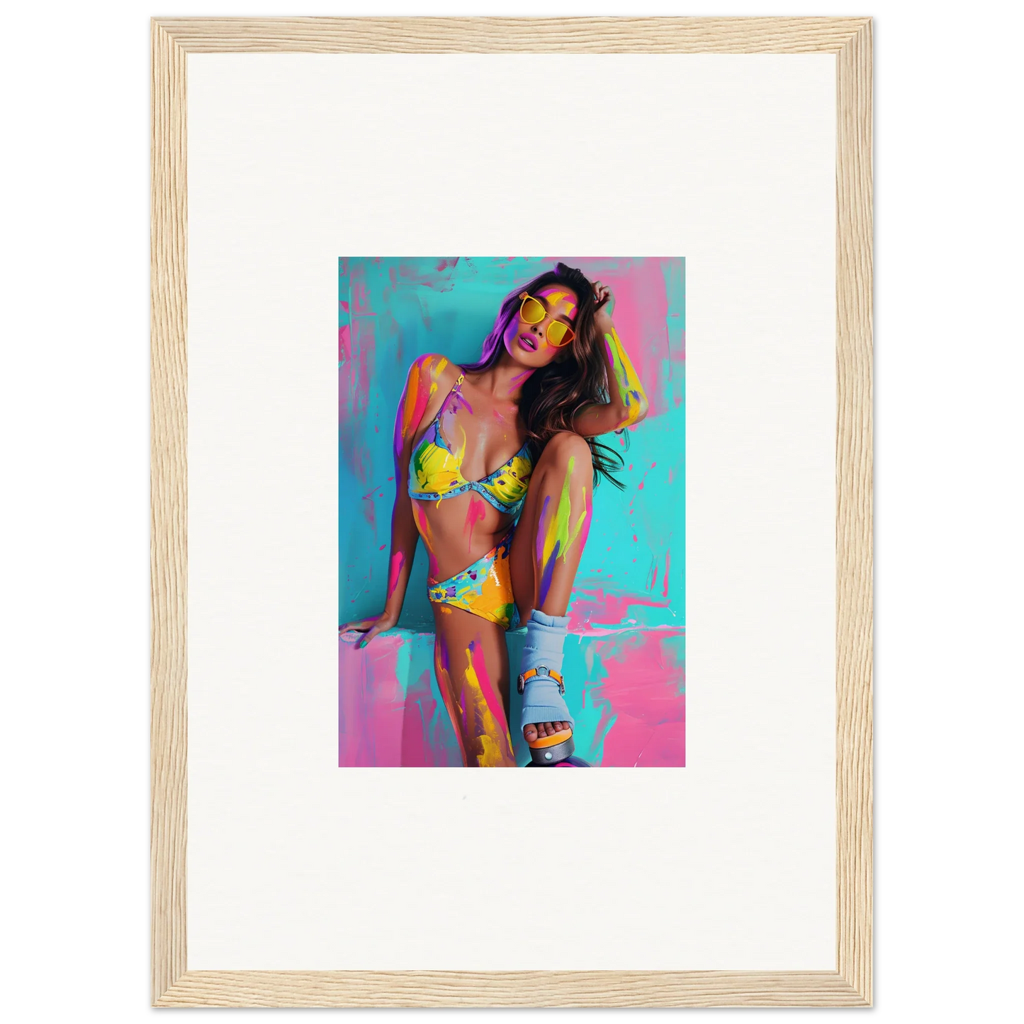 Colorful woman in a yellow bikini with paint splashes, perfect for wall art decor