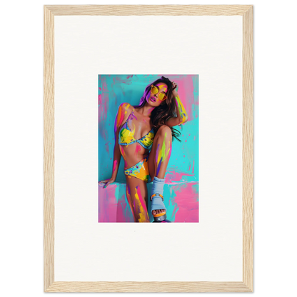 Colorful woman in a yellow bikini with paint splashes, perfect for wall art decor