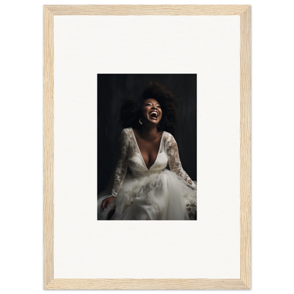 Framed wall art showcasing a bride in a white lace dress from Timeless Essence Laughter