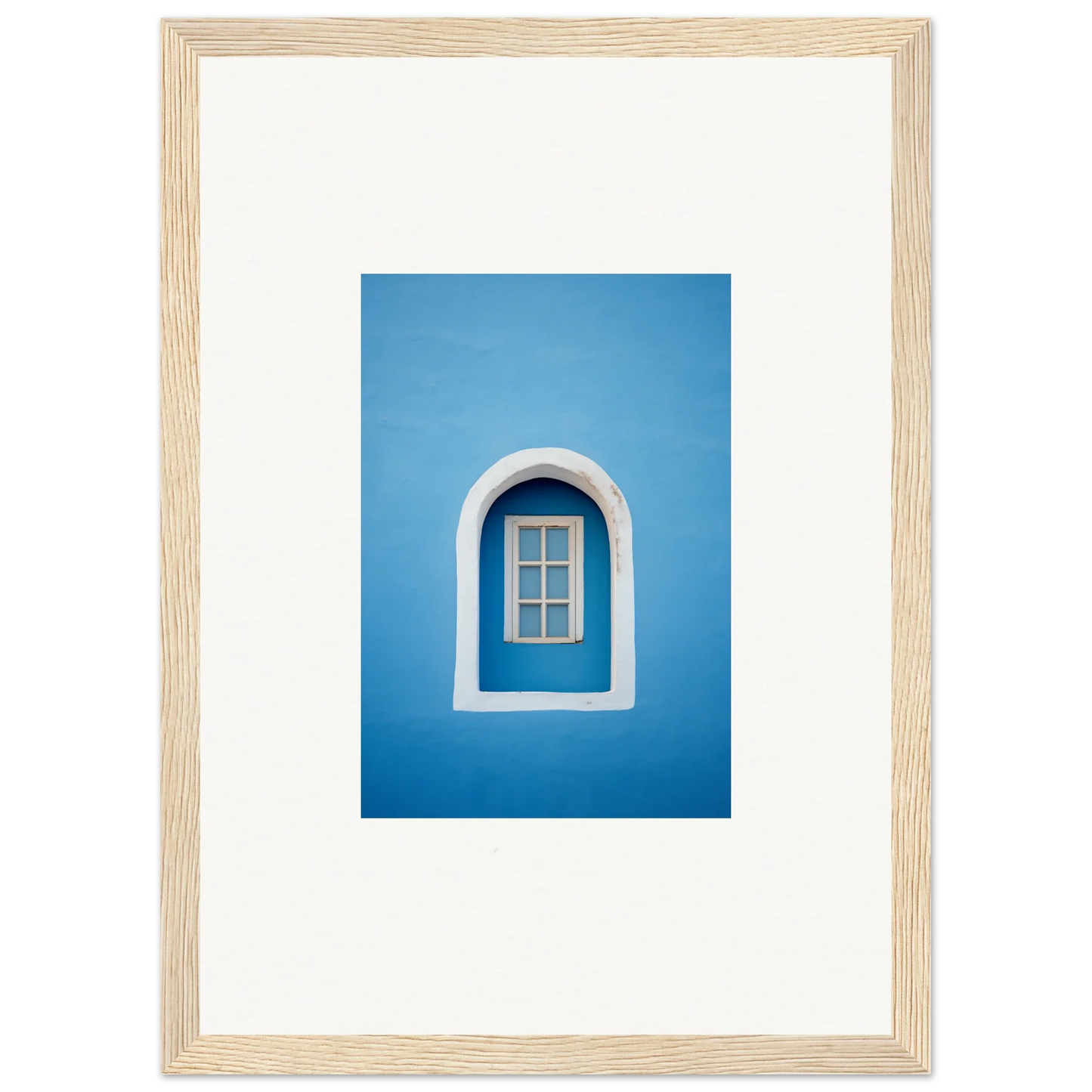 Arched window with white trim on a blue wall in Whispers Sky Mosaic art piece