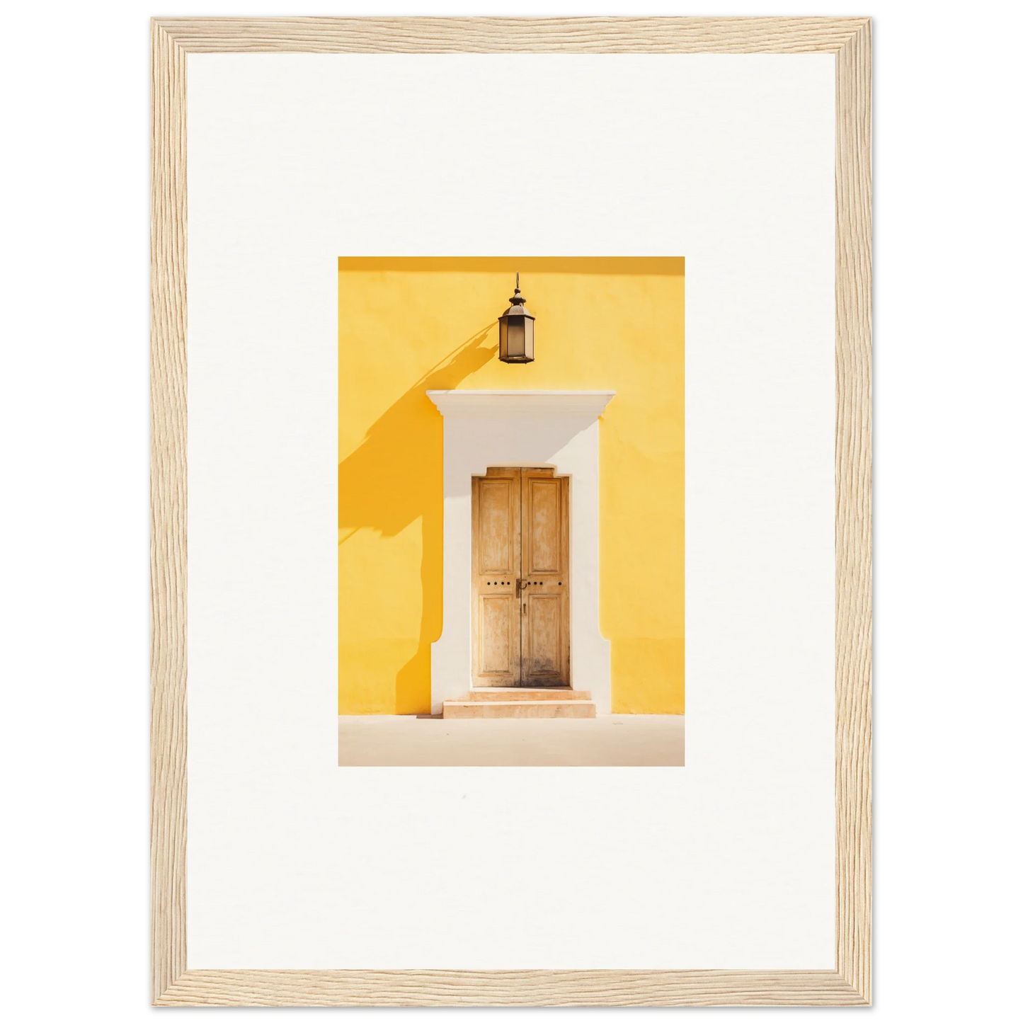 Wooden door on bright yellow wall with lantern, Golden Hue Portal framed wall art