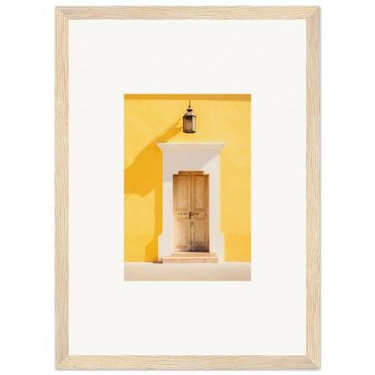 Wooden door on bright yellow wall with lantern, Golden Hue Portal framed wall art