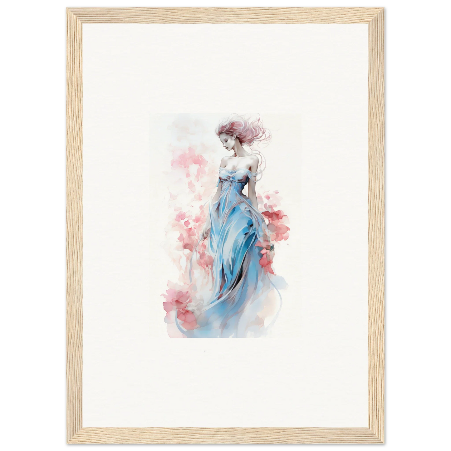 Watercolor canvas print of a woman in a blue dress, perfect for room decoration