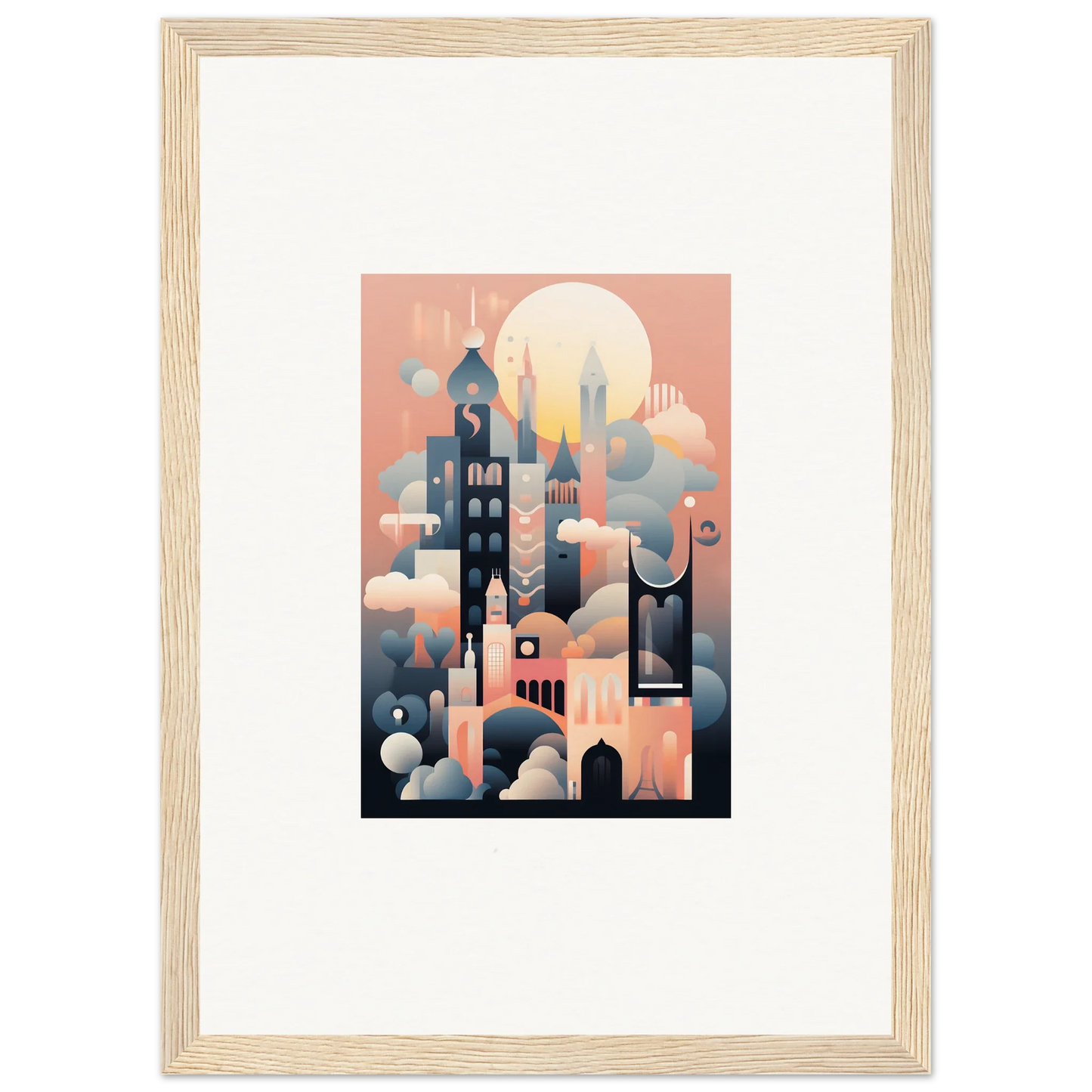 Framed art print of Ephemeral Castle Whispers showcasing a stylized cityscape in pink and blue