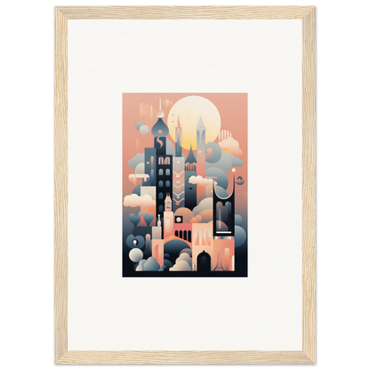 Framed art print of Ephemeral Castle Whispers showcasing a stylized cityscape in pink and blue