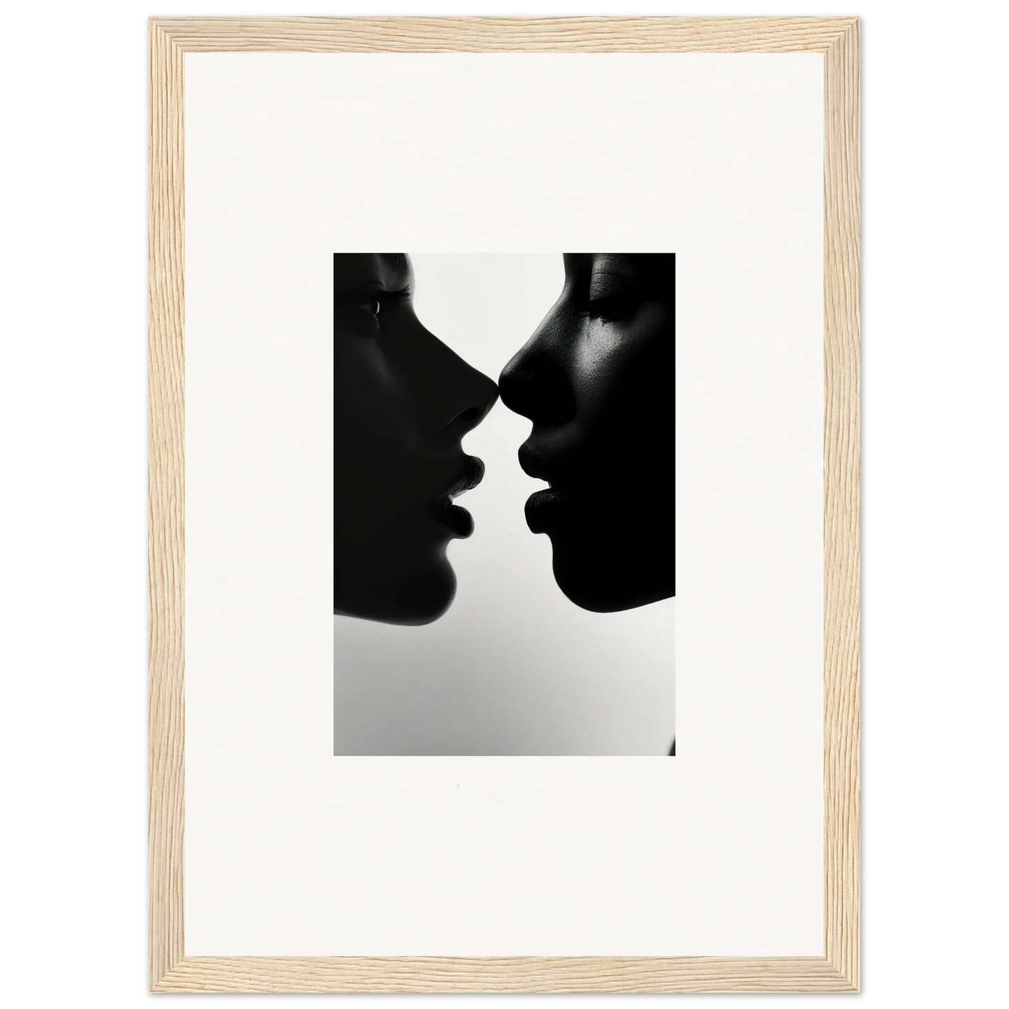 Two silhouetted profiles in a near-kiss for Narcissus Mirror Haze wall art