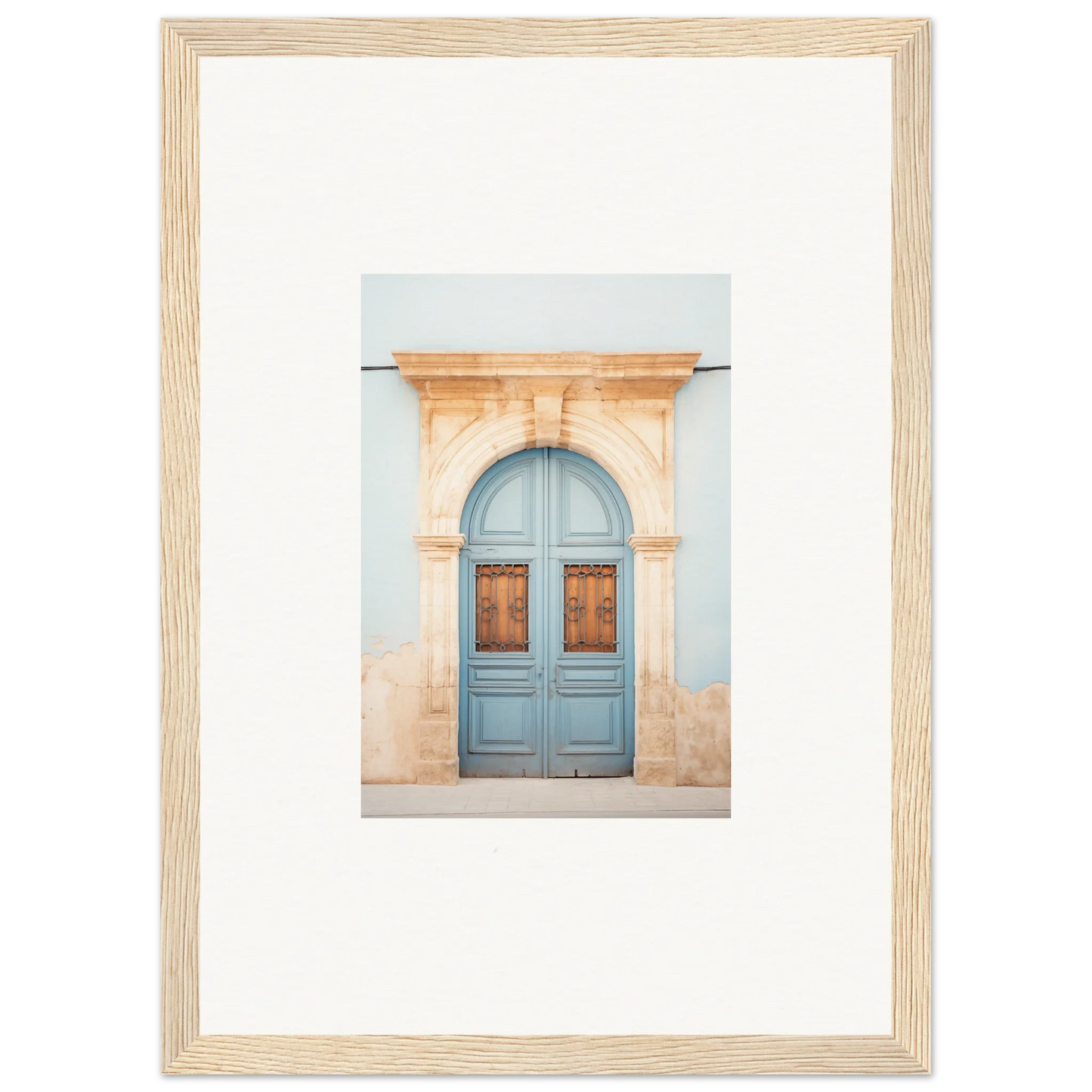 Light blue wooden door in arched stone frame for premium framed wall art, Threshold of Echoes