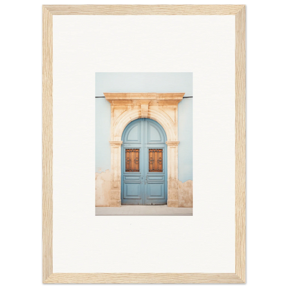 Light blue wooden door in arched stone frame for premium framed wall art, Threshold of Echoes