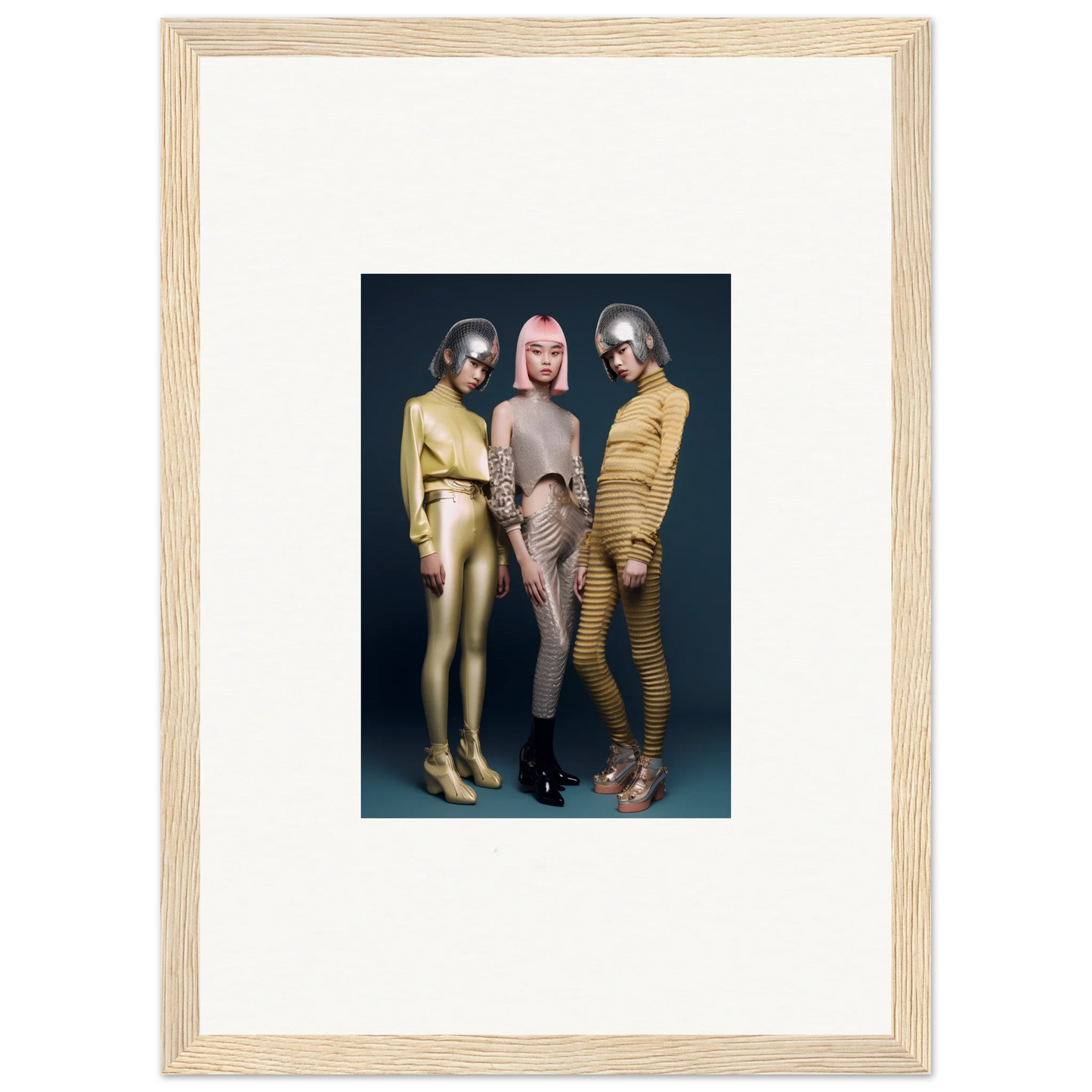 Framed wall art of three in metallic bodysuits for Galactic Fashion Paradigm special edition