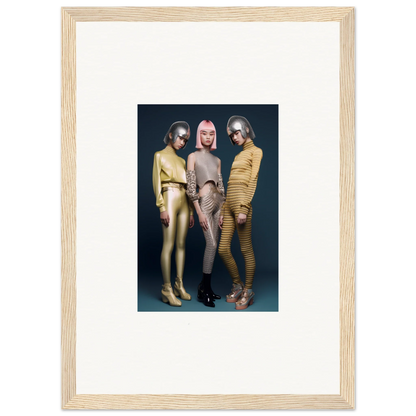 Framed wall art of three in metallic bodysuits for Galactic Fashion Paradigm special edition