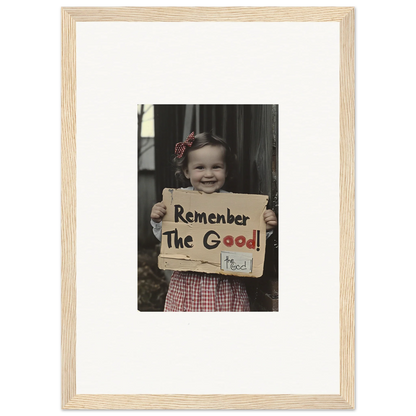 Framed photo of a person with a sign saying Remember The Good in Smiles Forlornly Singing