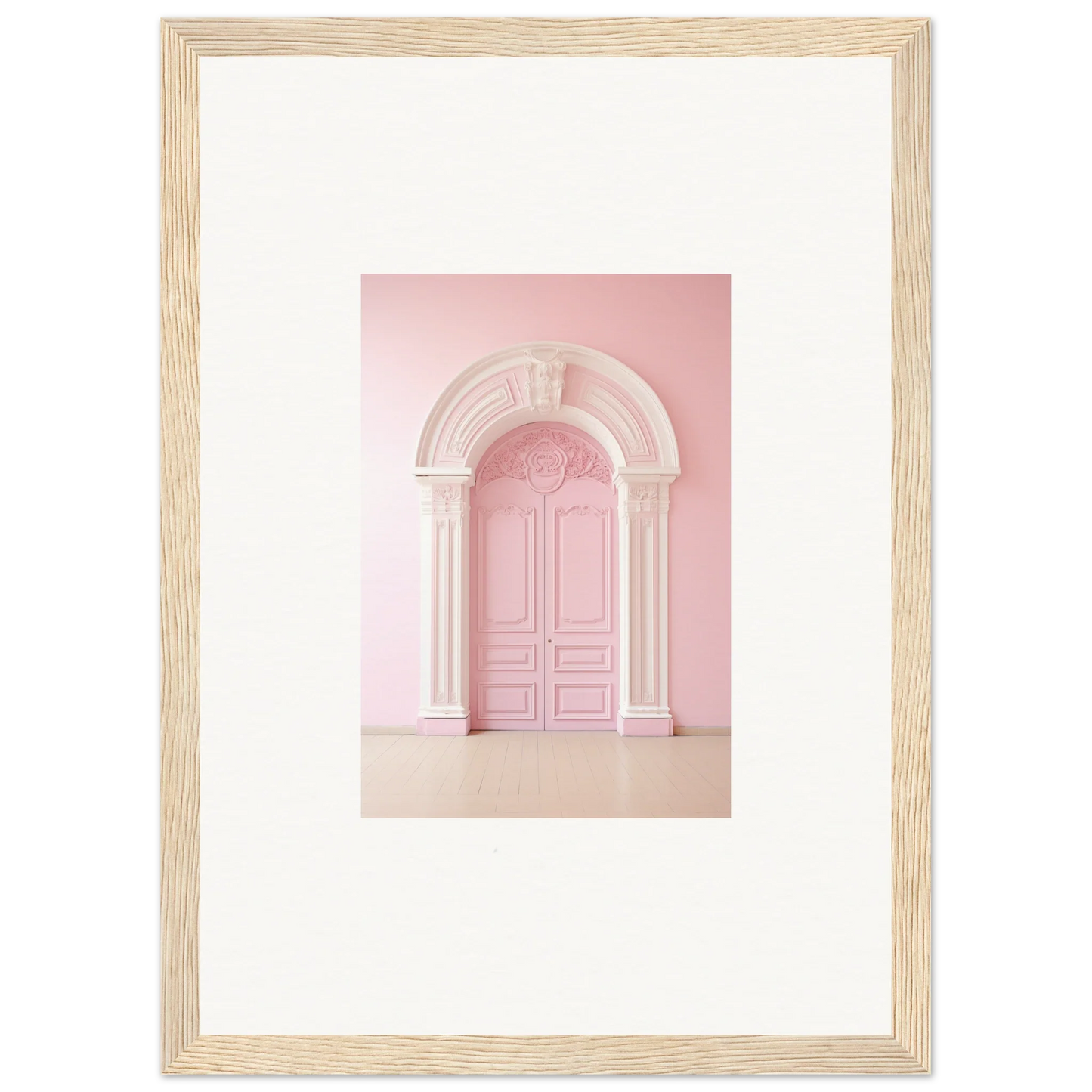 Pink arched doorway with ornate molding in Portal Fantasies Unfurled framed wall art