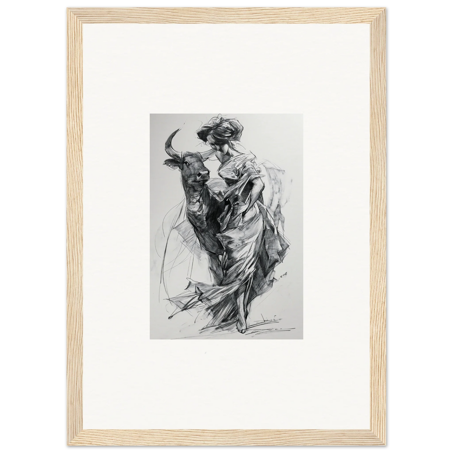 Black and white sketch of a bullfighter in motion from Sylvan Euphoria Lumia