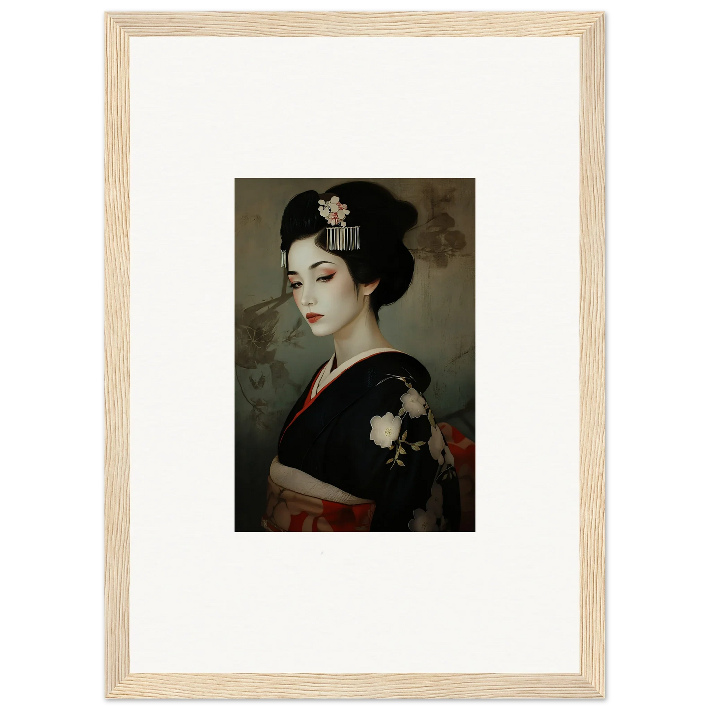 Framed wall art of a geisha in a black kimono from Cherry Dream Surrealism