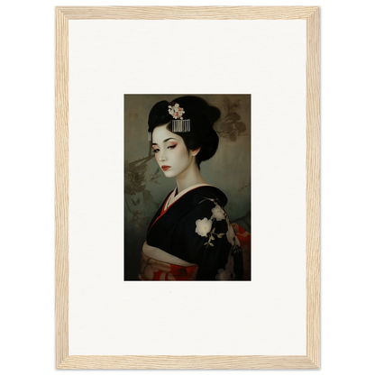 Framed wall art of a geisha in a black kimono from Cherry Dream Surrealism