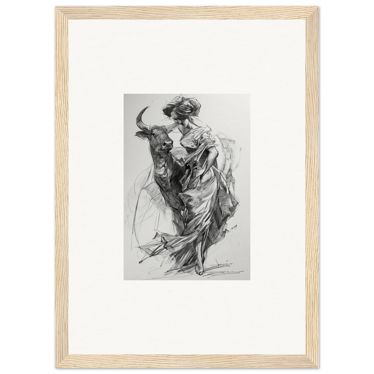 Black and white sketch of a matador and bull for Ebullient Abstract Liaisons framed wall art