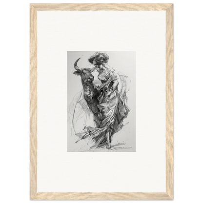 Black and white sketch of a matador and bull for Ebullient Abstract Liaisons framed wall art