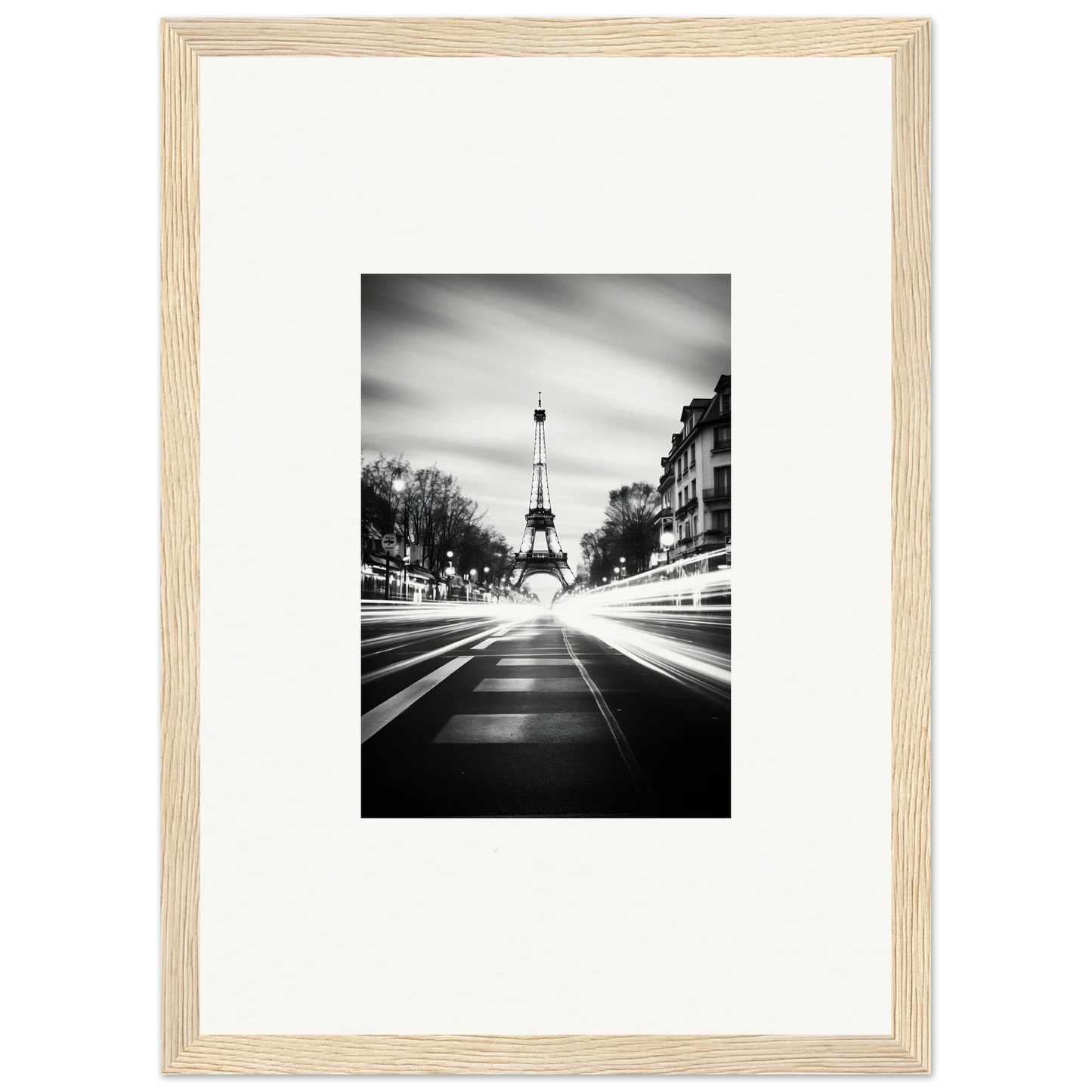 Black and white Eiffel Tower photo with motion blur, framed wall art from Synth Wave Elysium