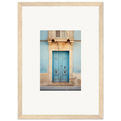 Bright turquoise wooden door with ornate details for the Ephemeral Dreamscape Doorway