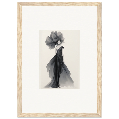 Elegant black watercolor fashion illustration featuring Curtain Bloom Dance gown and headpiece