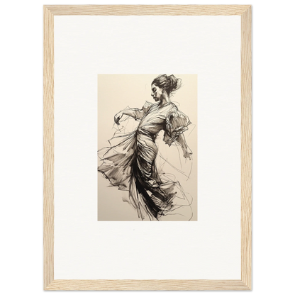 Black and white sketch of a figure in flowing dress showcasing Whirling Midnight Form