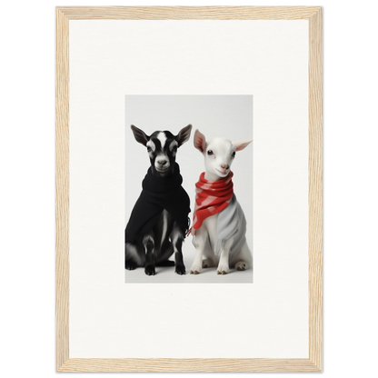 Framed black and white art of two goats in a red bandana from Rainbow Twin Dreams