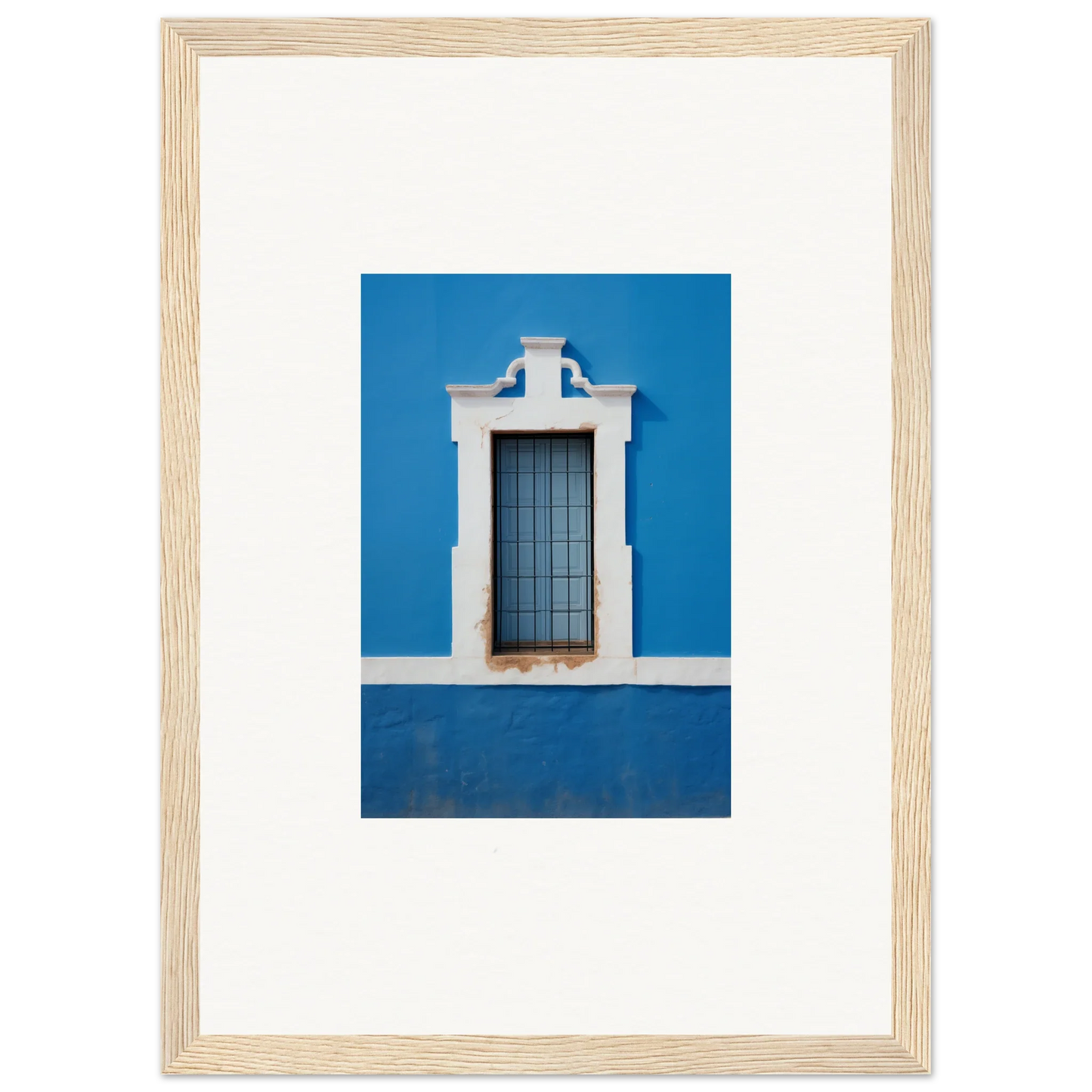 Framed wall art of a white-trimmed window on a blue wall for Liquid Azure Quest