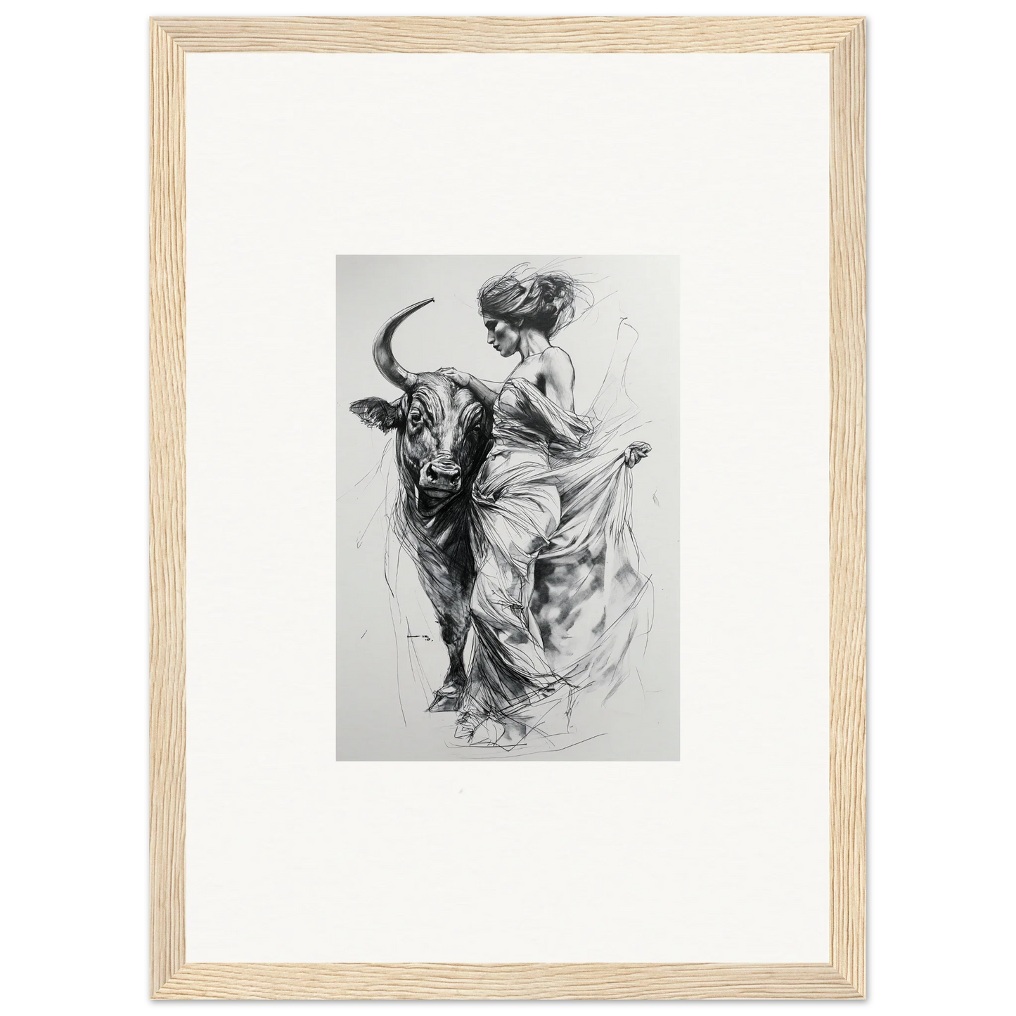 Black and white sketch of a figure dancing with a bull in Marvelous Taurine Serenade art