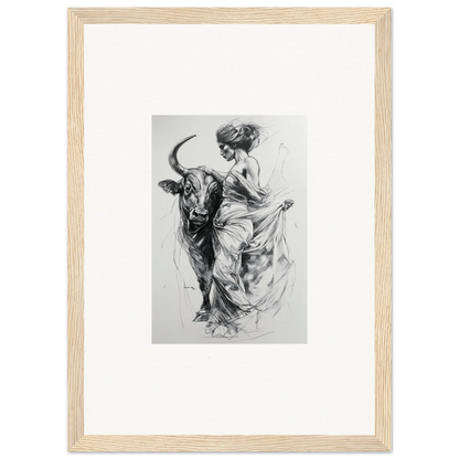 Black and white sketch of a figure dancing with a bull in Marvelous Taurine Serenade art