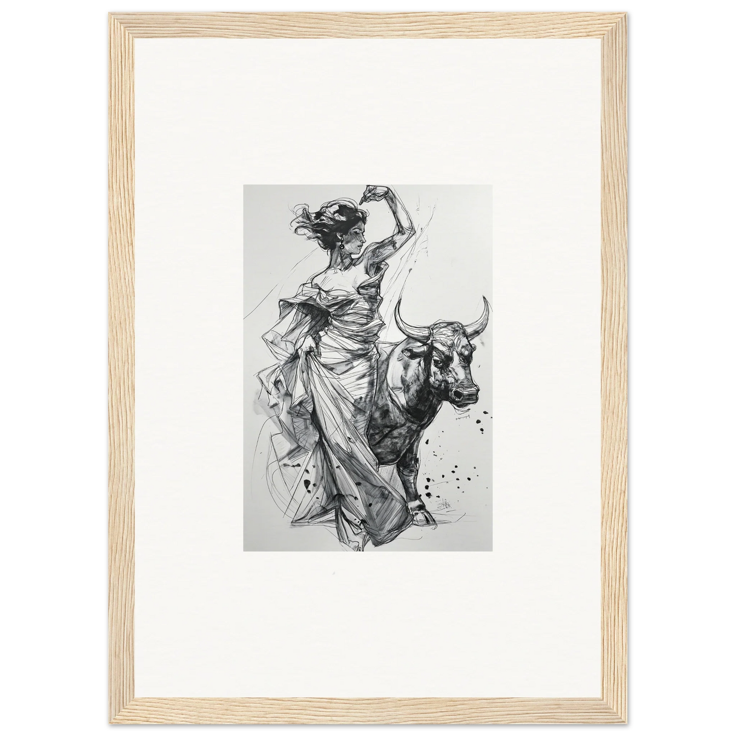 Black and white sketch of a figure in robes riding a bull from Tauripe Mystique Visions