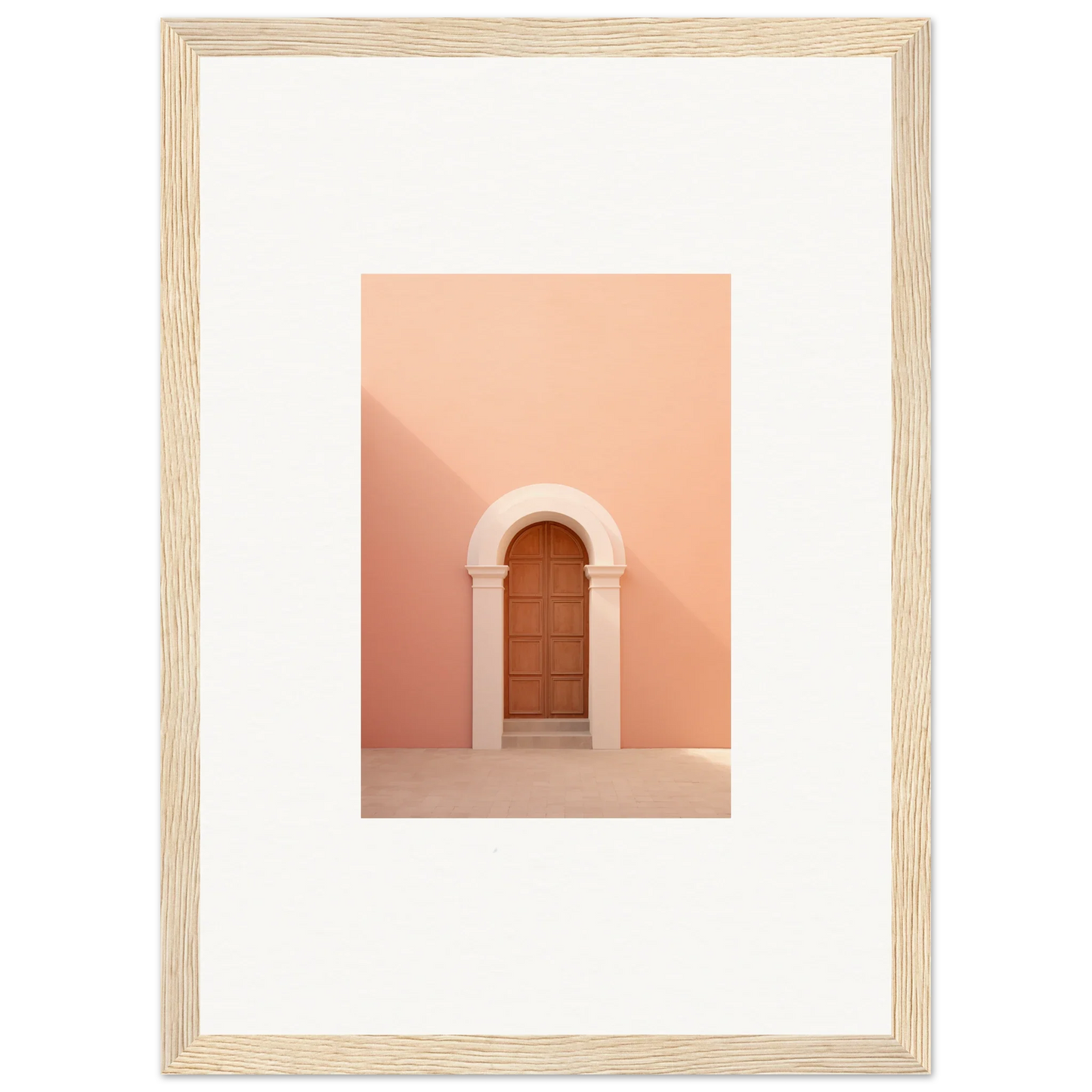 Wooden door in arched entryway on peachy-pink wall from Silent Coral Dreams special edition art