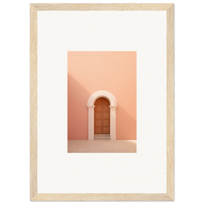 Wooden door in arched entryway on peachy-pink wall from Silent Coral Dreams special edition art